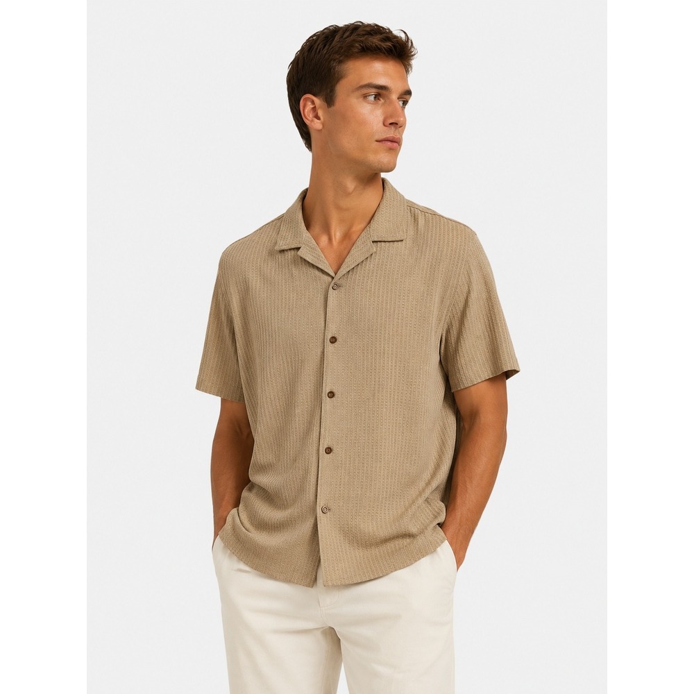 NWT RUXEN Mens Short Sleeve Waffle Knit Button Up Shirt Tan Beige Large L NEW